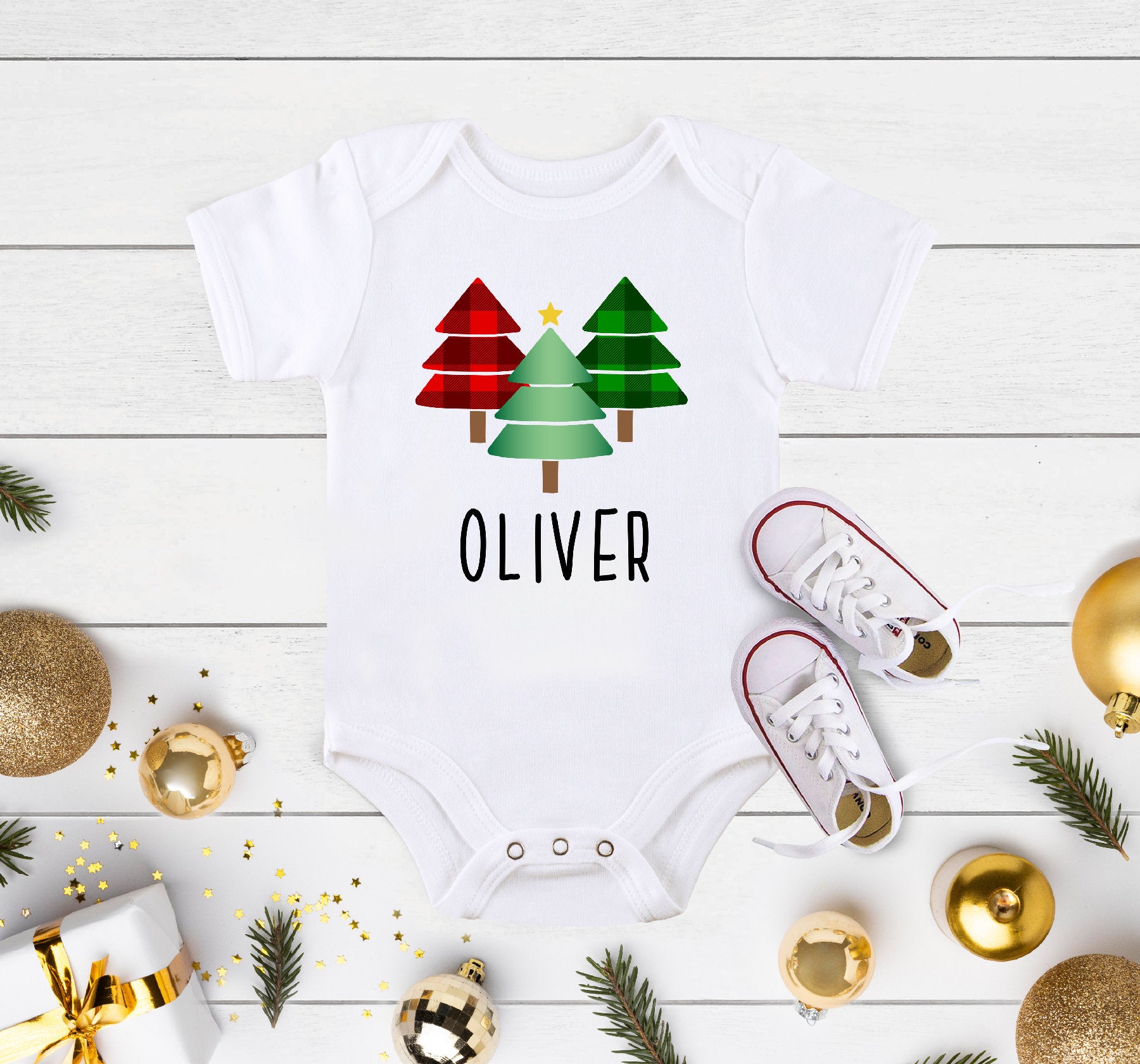Personalized Christmas Tree Baby Onesie®, Buffalo Plaid Christmas Shirt, Custom Christmas Shirt, Christmas Tree Shirt, Sibling Christmas Tee