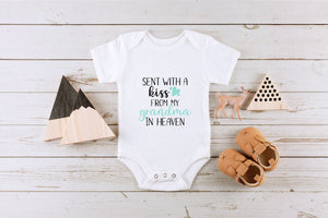 Custom Sent with a Kiss from My Grandpa Grandma in Heaven rainbow design on Baby Short 0-3 Month Onesie