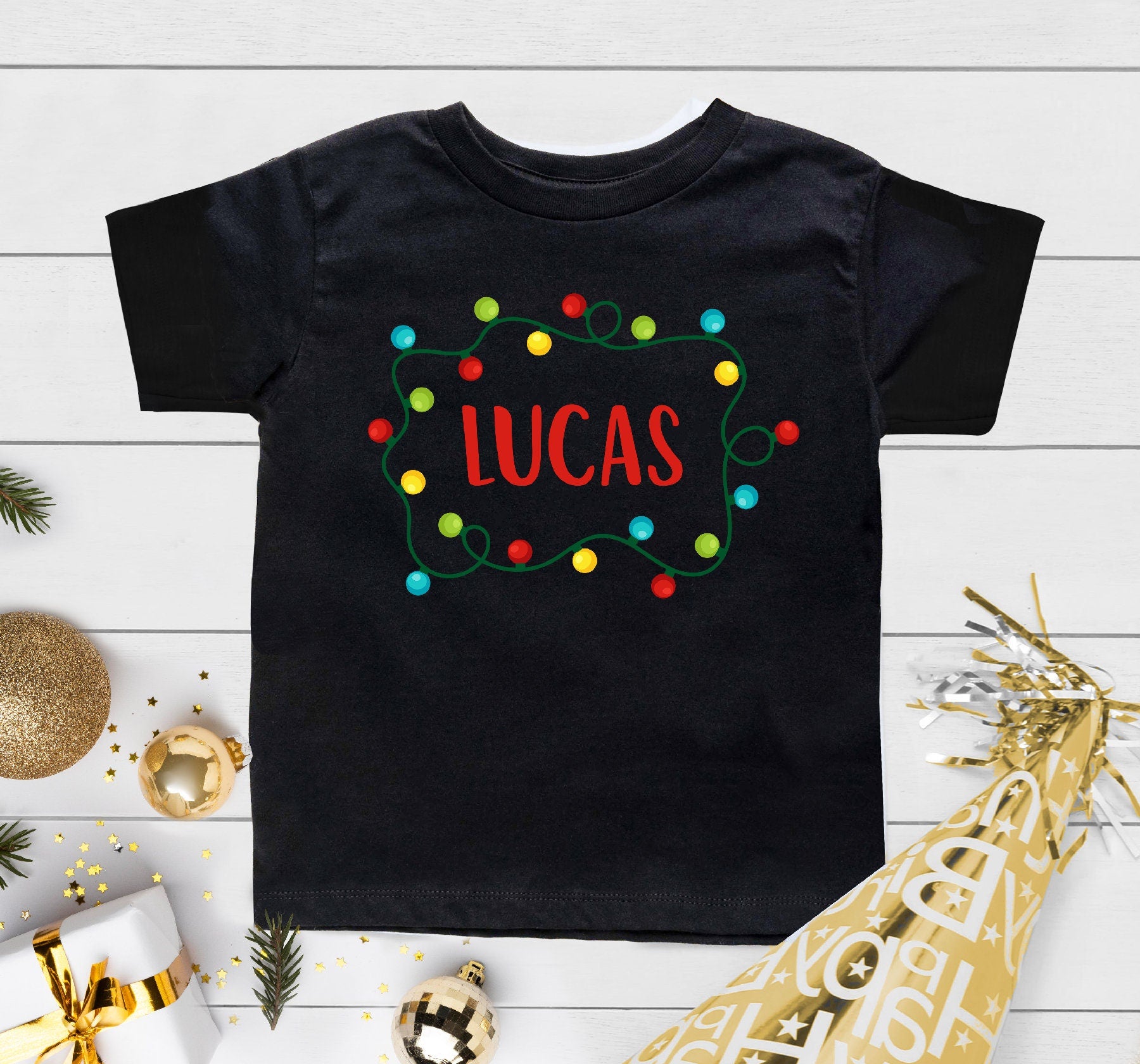 Christmas Lights Boys Toddler Shirt, Personalized Name Christmas Kids Shirt, Personalized Christmas For Baby Onesie®, Christmas Shirts