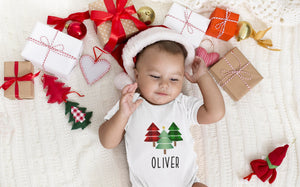 Personalized Buffalo Plaid Christmas Christmas tree design on Baby Short 12 Month Onesie