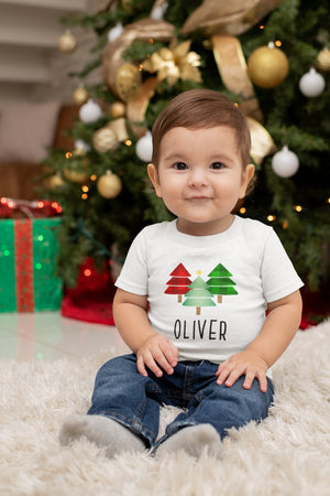 Personalized Buffalo Plaid Christmas Christmas tree design on Baby Short 18 Month Onesie
