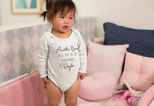 Personalized Will You Be My Godmother typographic design on Baby Short 12 Month Onesie