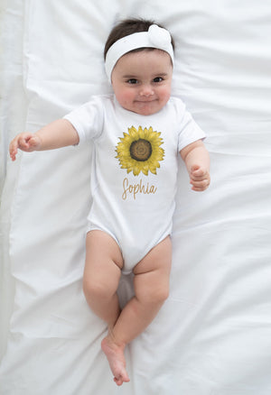 Personalized Name Sunflower Toddler Gift sunflower design on Baby Short 12 Month Onesie