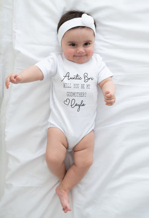 Personalized Will You Be My Godmother typographic design on Baby Short 3-6 Month Onesie
