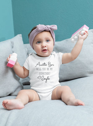 Personalized Will You Be My Godmother typographic design on Baby Short 18 Month Onesie