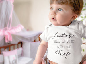 Personalized Will You Be My Godmother typographic design on Baby Short 6-9 Month Onesie