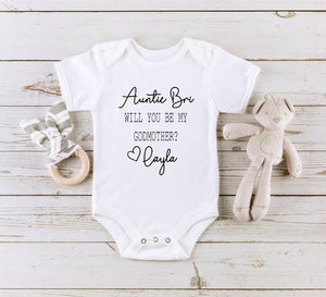 Personalized Will You Be My Godmother typographic design on Baby Short Newborn