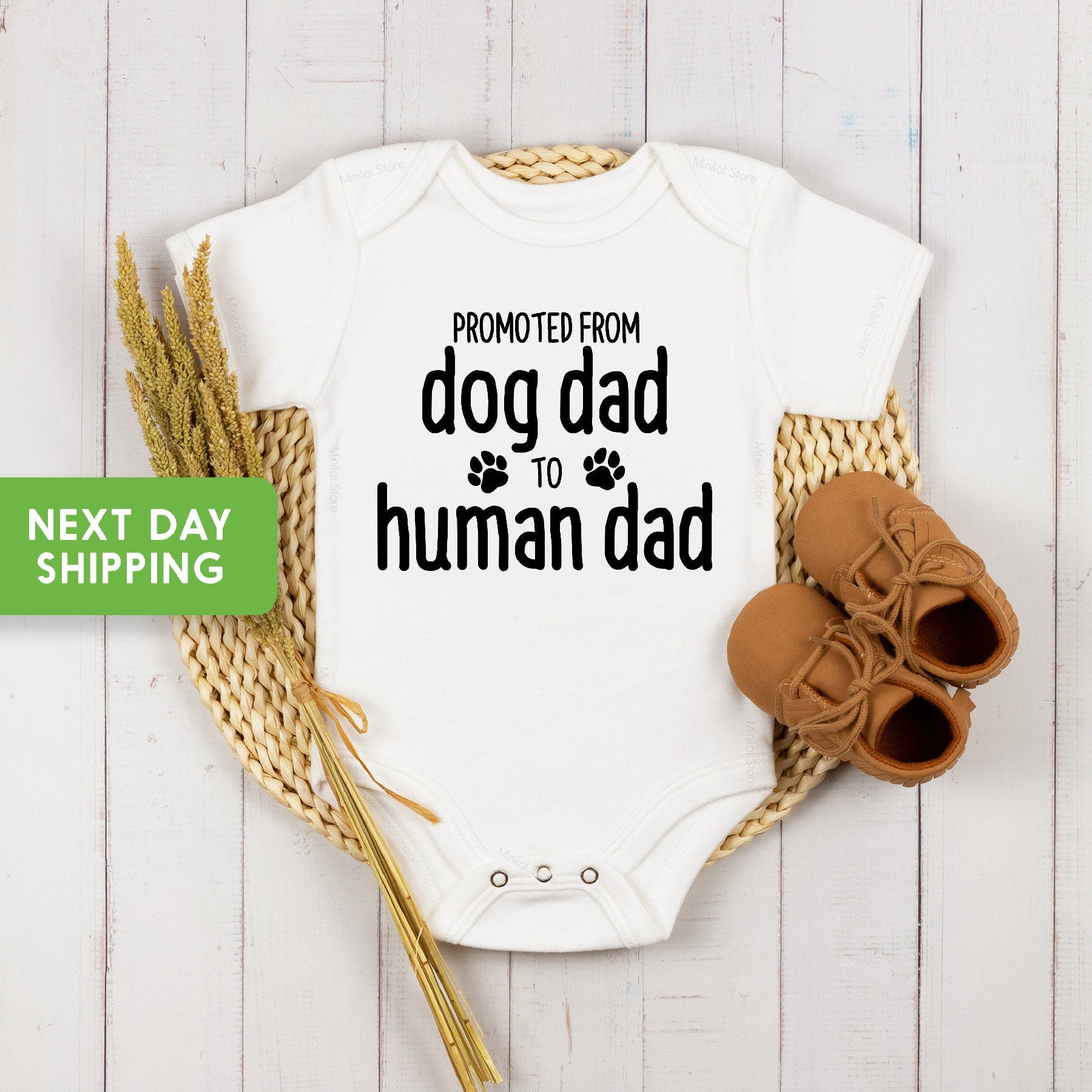 Promoted From Dog Dad to Human Dad Onesie®, Baby Announcement Onesie®, Pregnancy Reveal Onesie®, New Dad Onesie®, Gender Reveal, Surprise
