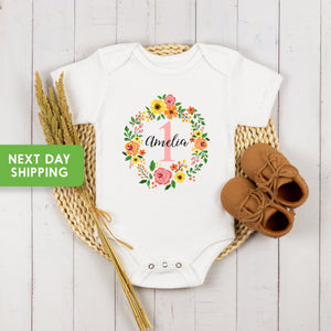 Personalized Floral 1st Birthday flower design on Baby Short 0-3 Month Onesie