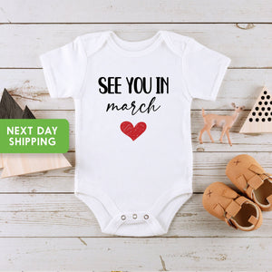 Personalized see you in pregnancy announcement Onesie® with custom month and year