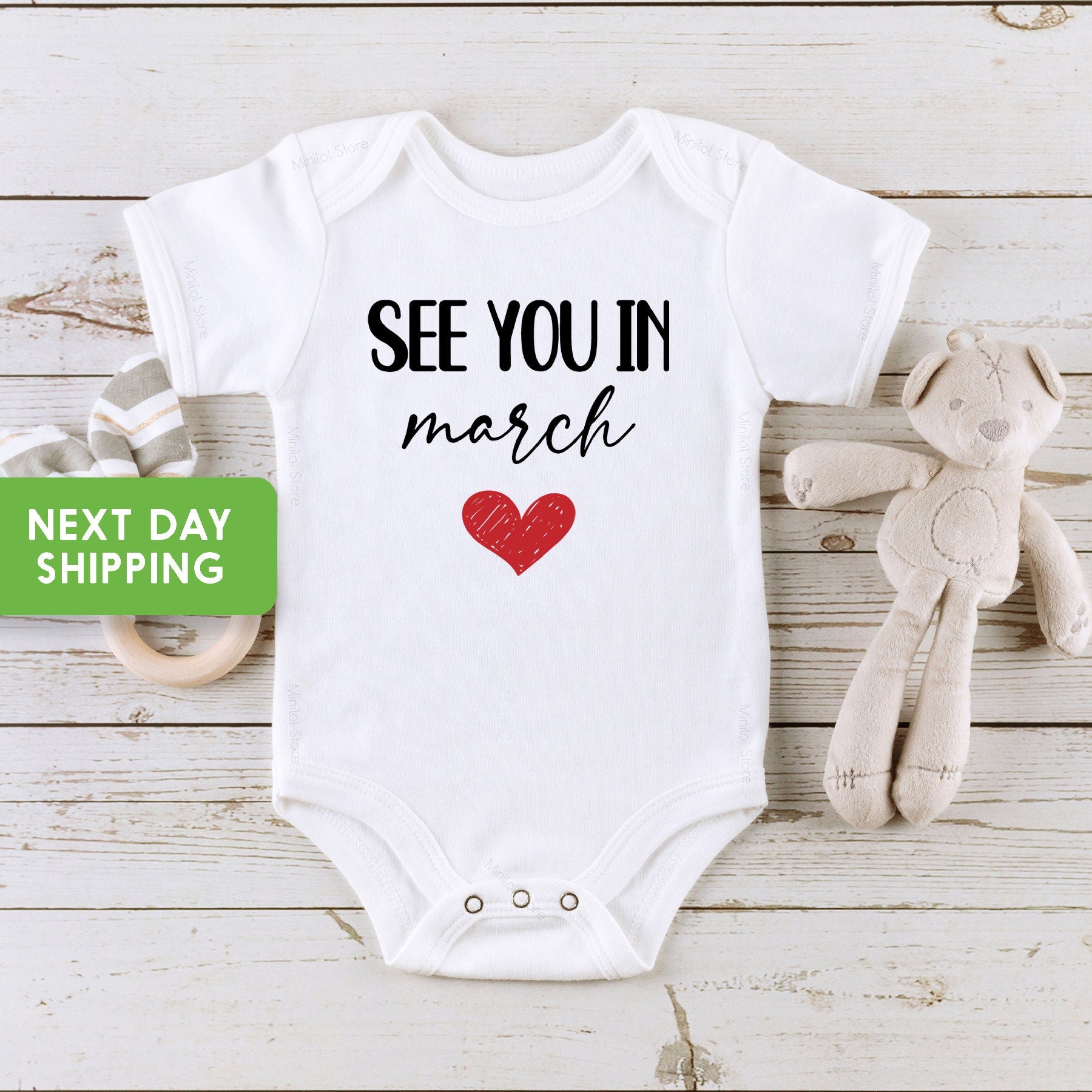 See You in Custom Month typographic design on Baby Short 0-3 Month Onesie