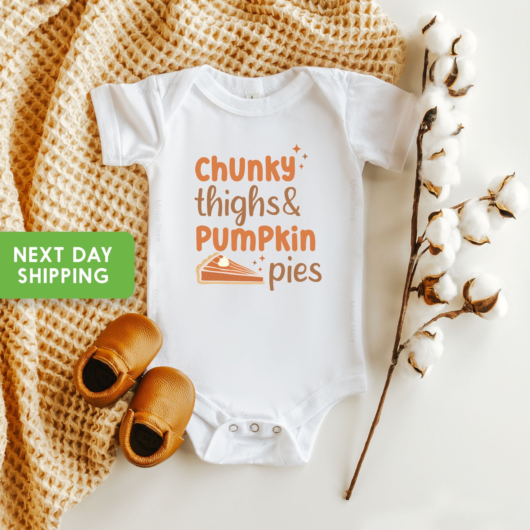 Chunky Thighs and Pumpkin Pies Baby OnesieĀ®, Fall Vibes Baby Bodysuit for New Baby Gift,Cute Thanksgiving Outfit Gift for Baby, Thanksgiving