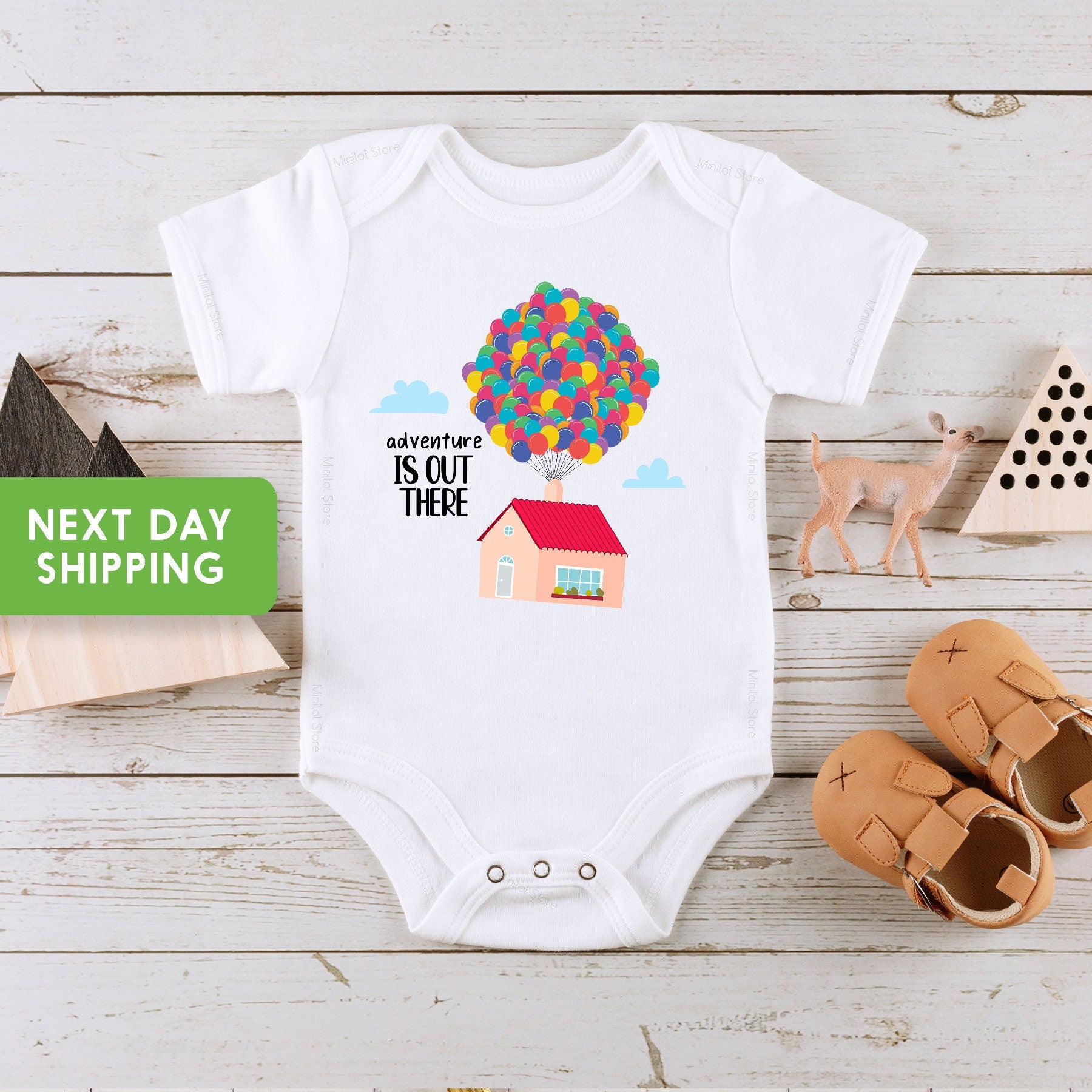 Adventure Is Out There Baby OnesieĀ®, Pregnancy Announcement, Balloon House Toddler Shirt, Baby Shower Gift, Explorer Newborn Outfit