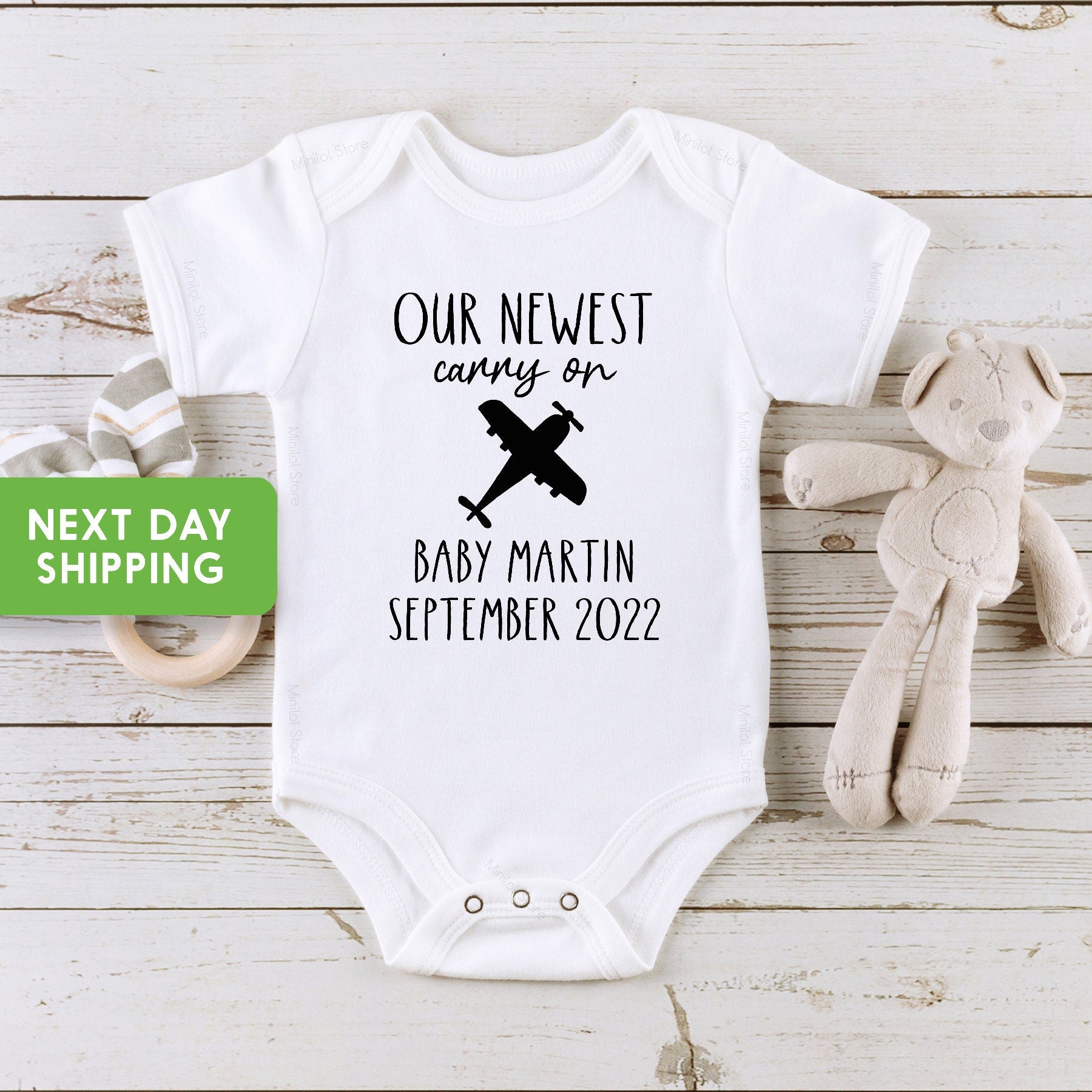Baby Announcement Personalized Onesie®, Our Newest Carry On Custom Bodysuit, Cute Baby Shower Gift or Pregnancy Reveal Onesie®
