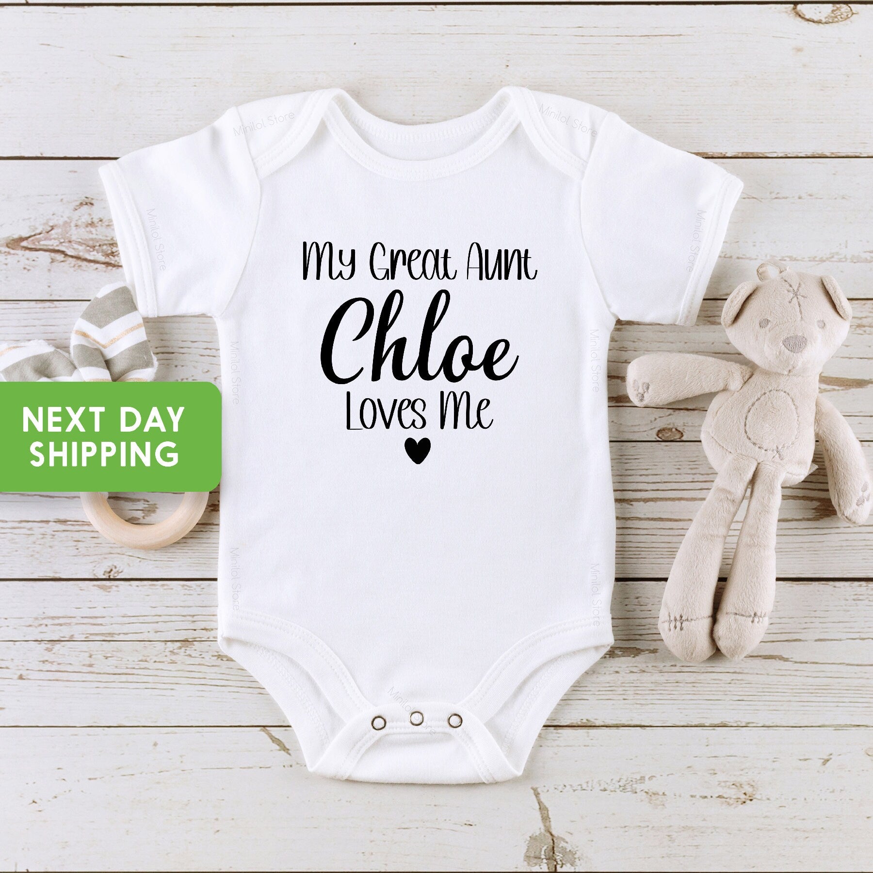 Personalized My Great Aunt Loves Me Name typographic design on Baby Short 0-3 Month Onesie