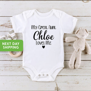 Personalized My Great Aunt Loves Me Name typographic design on Baby Short 0-3 Month Onesie
