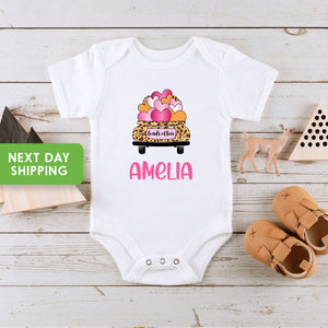 Personalized Name Valentine Girl baseball design on Baby Short 0-3 Month Onesie