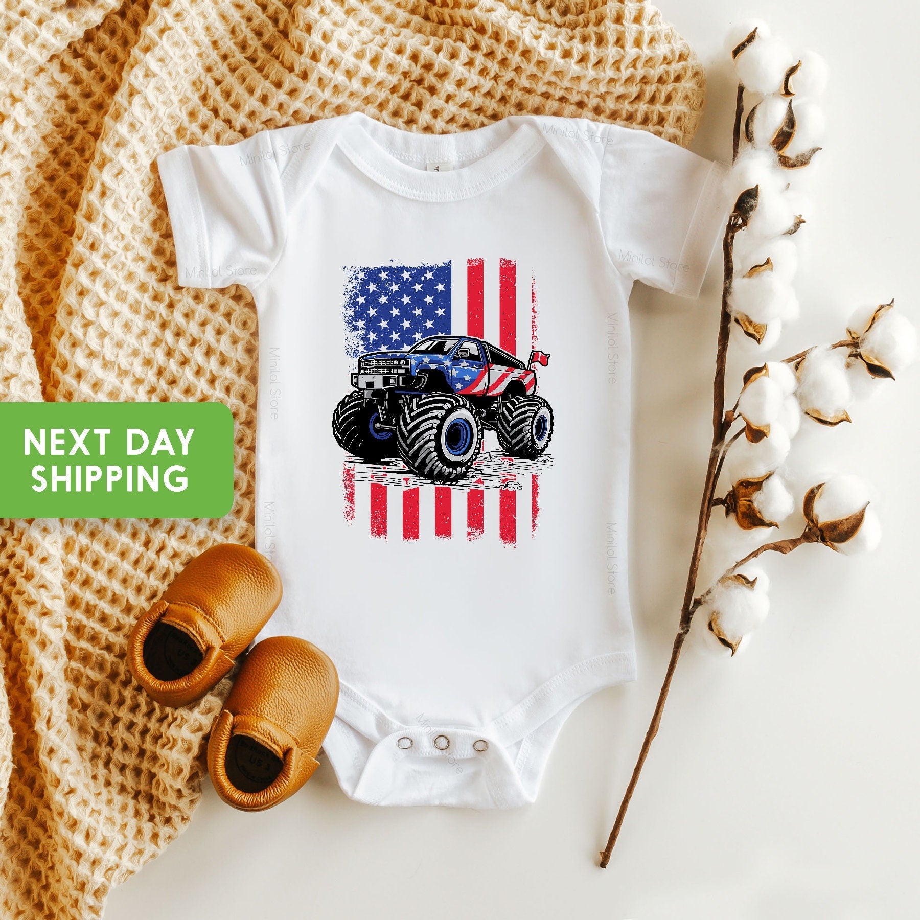 Truck with USA Flag Shirt, Patriotic Baby OnesieĀ®, 4th Of July Baby Clothes, Independence Day Bodysuit, American Flag Shirt