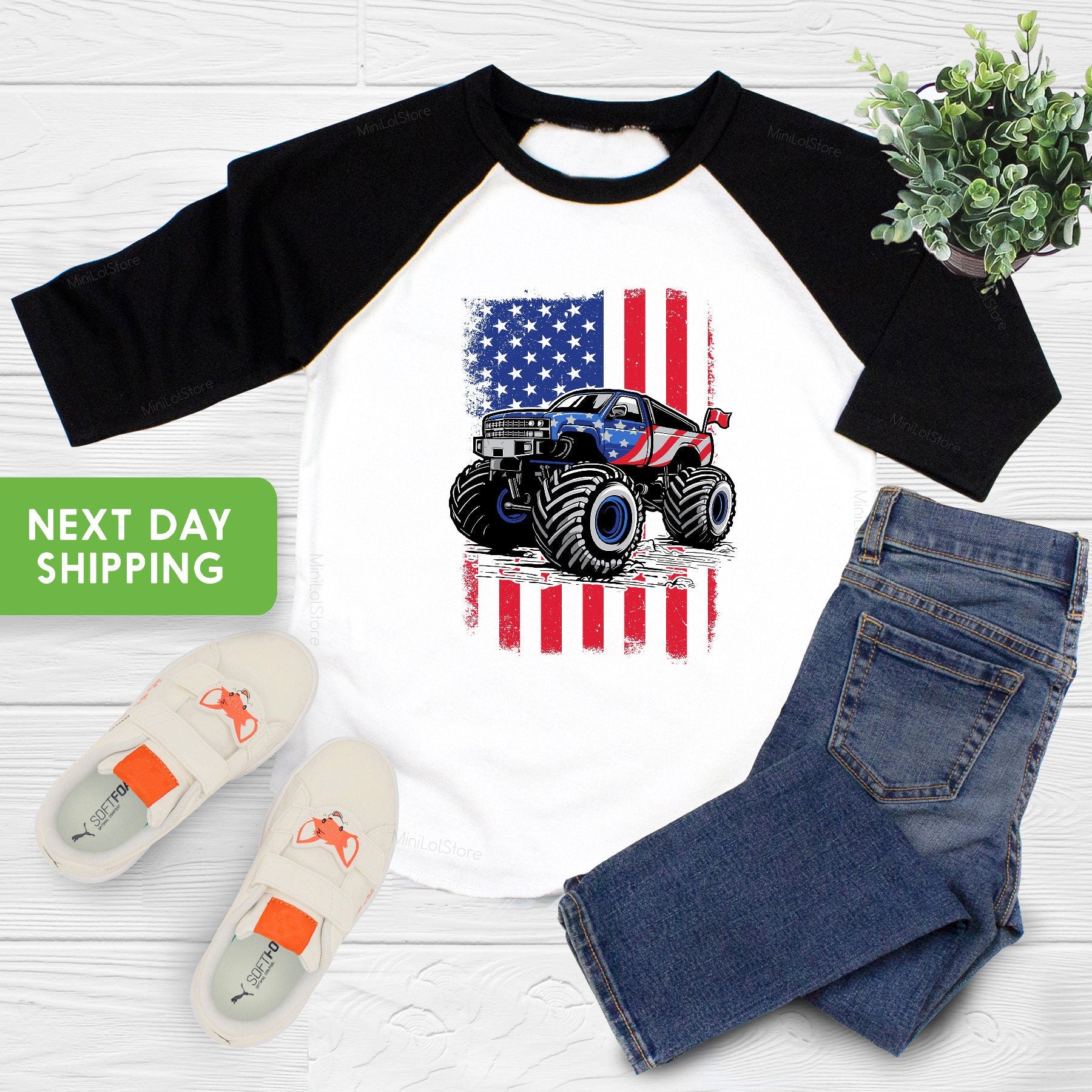 Truck with USA Flag Shirt, Patriotic Baby Onesie®, 4th Of July Baby Clothes, Independence Day Bodysuit, American Flag Shirt