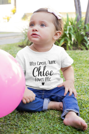 Personalized My Great Aunt Loves Me Name typographic design on Baby Short 12 Month Onesie
