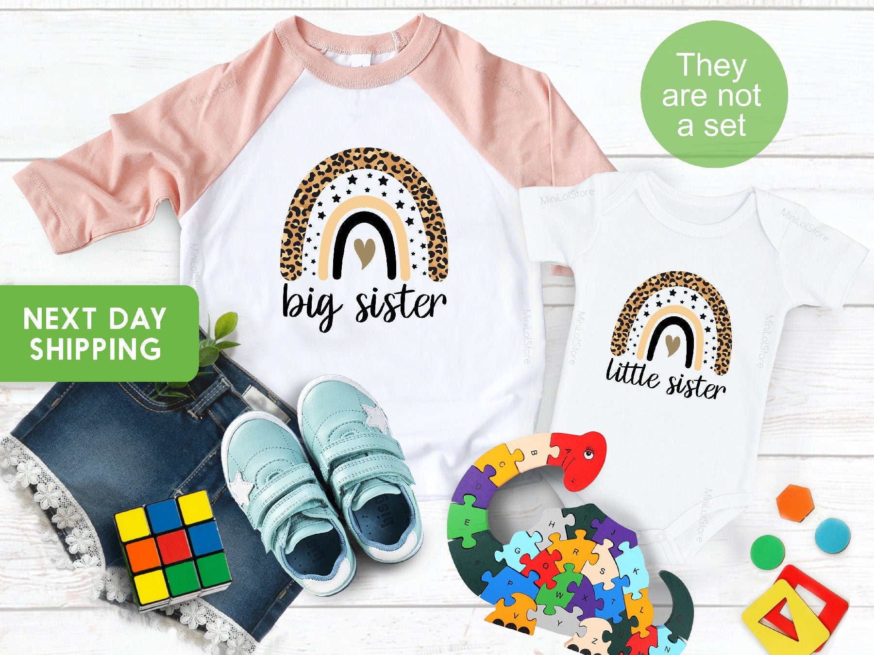 Big Sister and Little Sister Matching Outfit, Leopard Rainbow Sister OnesieĀ® and Shirt, Boho Chic Baby Gift, Pregnancy Announcement