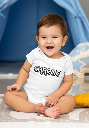 Retro Custom Name baseball design on Baby Short 18 Month Onesie