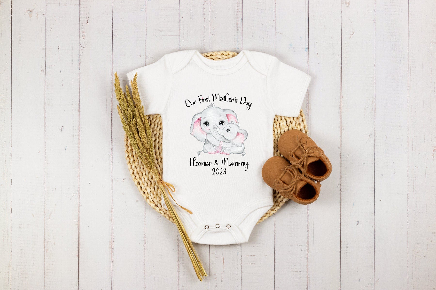 First 1st Mother's Day Baby Onesie®, Personalized Gift for New Mom, Mommy and Baby Elephant Animal Onesie®, Mother's Day Gift, Mothers Day