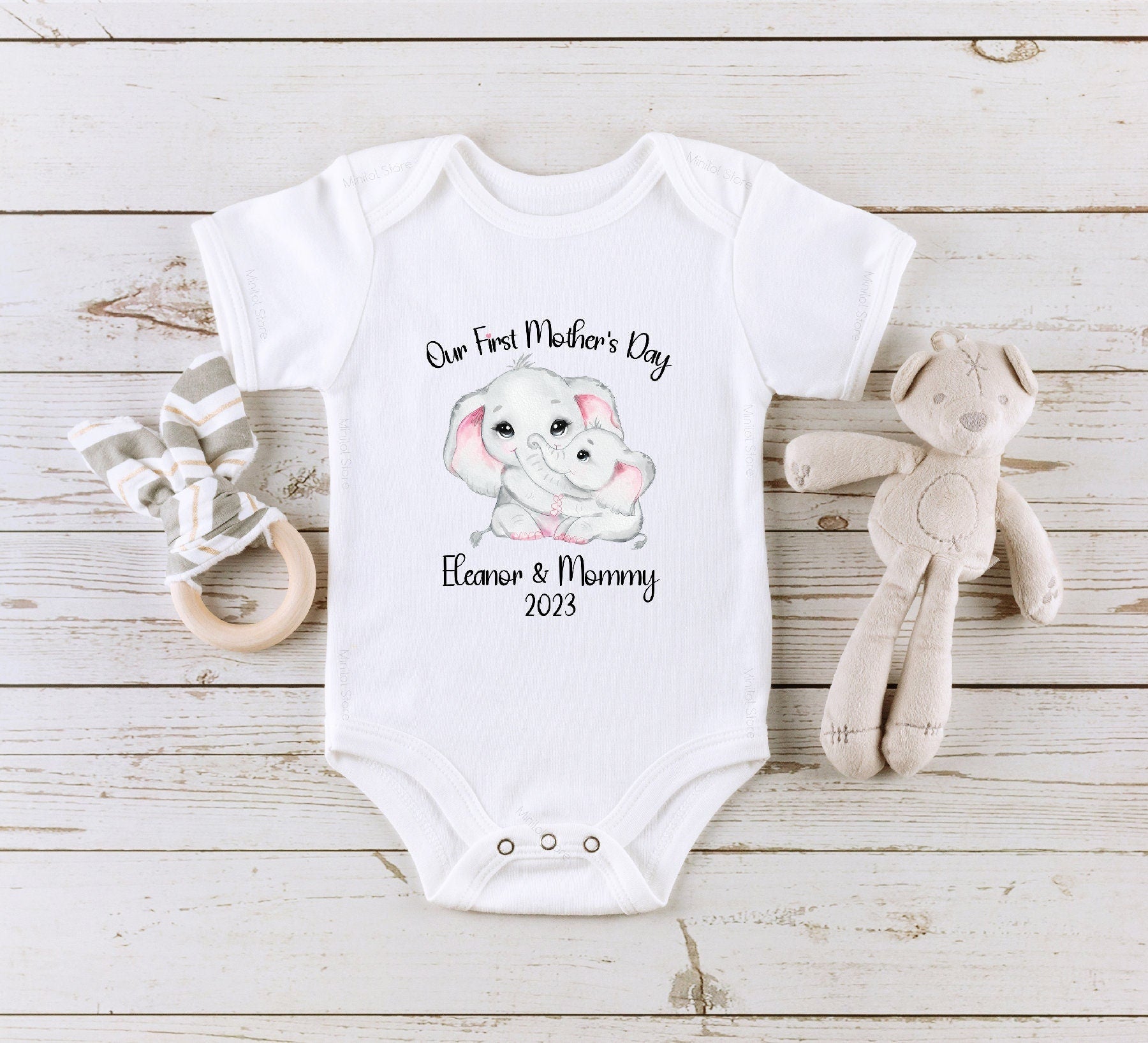 First 1st Mother's Day Baby Onesie®, Personalized Gift for New Mom, Mommy and Baby Elephant Animal Onesie®, Mother's Day Gift, Mothers Day