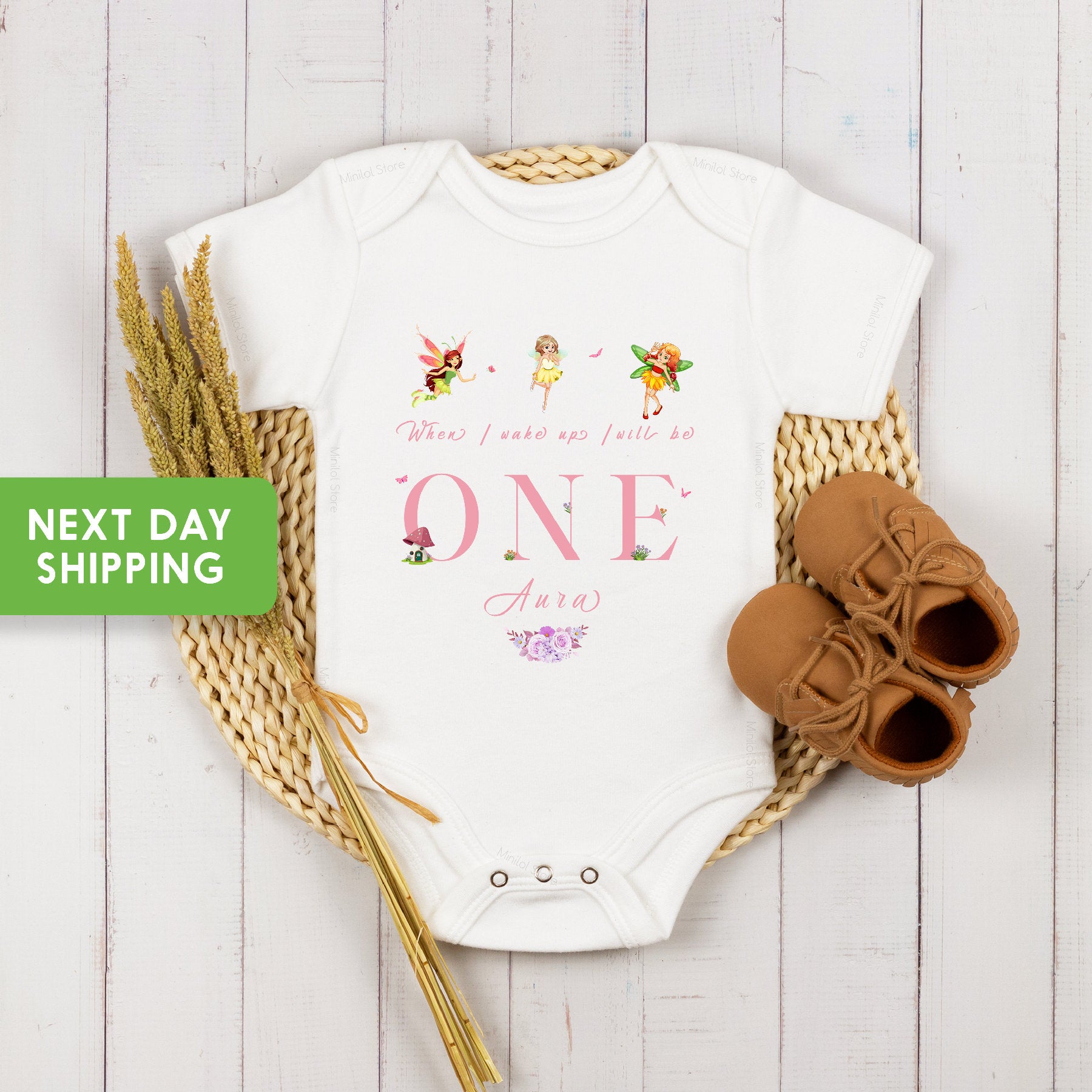 Custom 1st Birthday Fairy Girl typographic design on Baby Short 0-3 Month Onesie