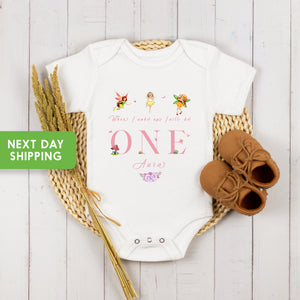 Custom 1st Birthday Fairy Girl typographic design on Baby Short 0-3 Month Onesie