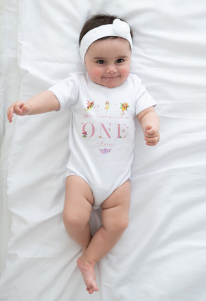 Custom 1st Birthday Fairy Girl typographic design on Baby Short 3-6 Month Onesie