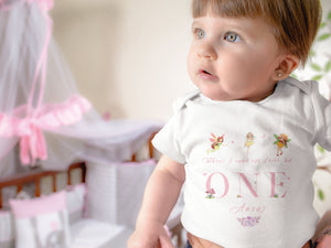 Custom 1st Birthday Fairy Girl typographic design on Baby Short 6-9 Month Onesie