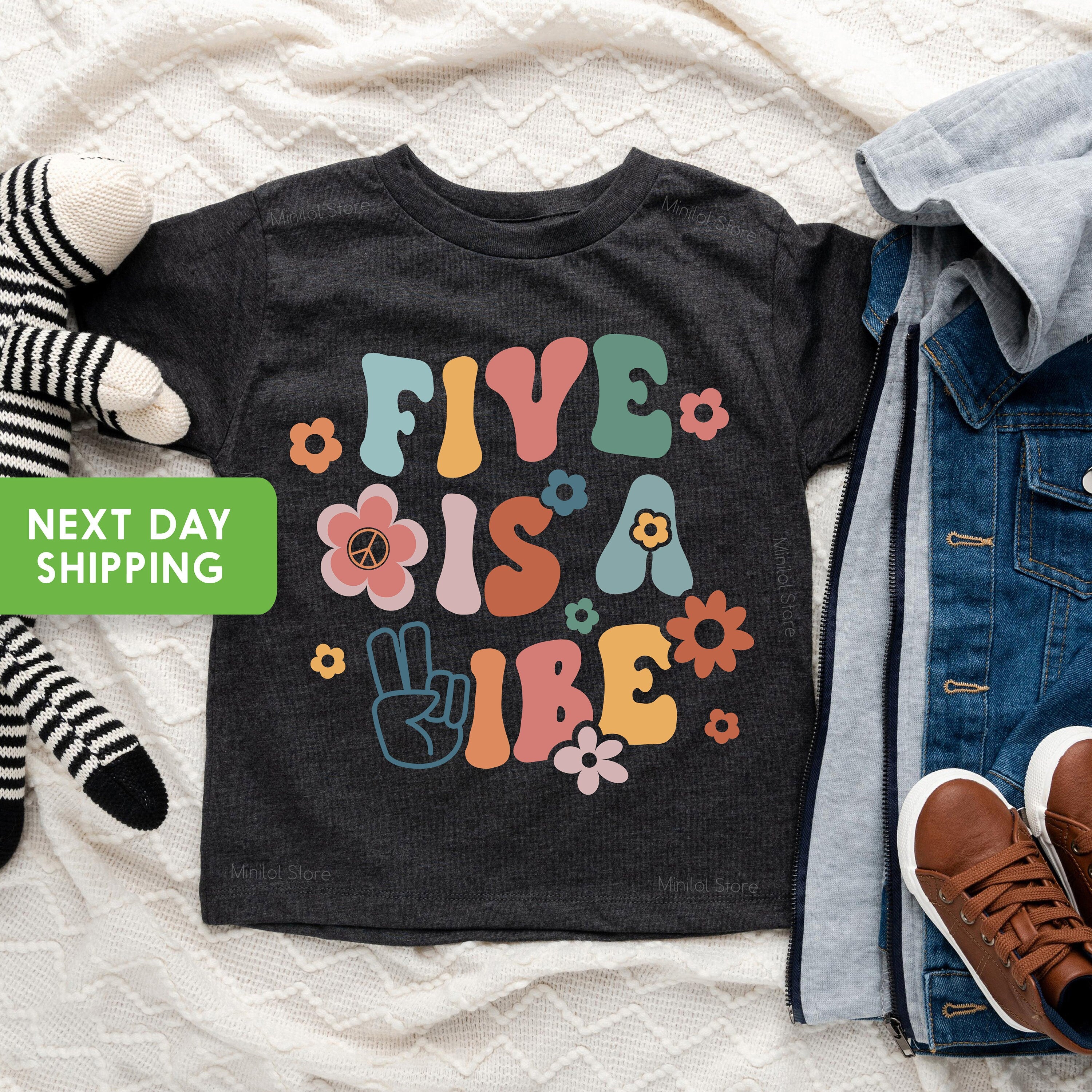 5th Birthday Toddler Shirt, Five is a Vibe 5th Birthday Shirt, Fifth Birthday Natural Toddler & Youth Tee