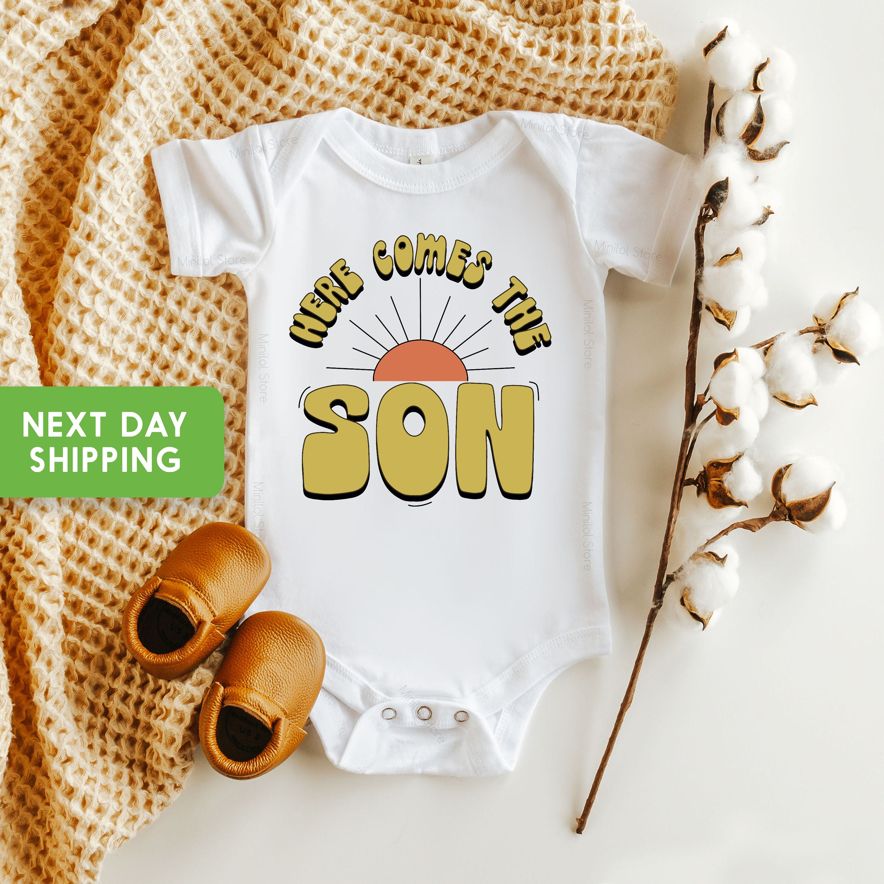 Here Comes The Son OnesieĀ®, Cute Sunshine Bodysuit, Baby Boy OnesieĀ®, Happiness OnesieĀ®, New Baby Boy Gift
