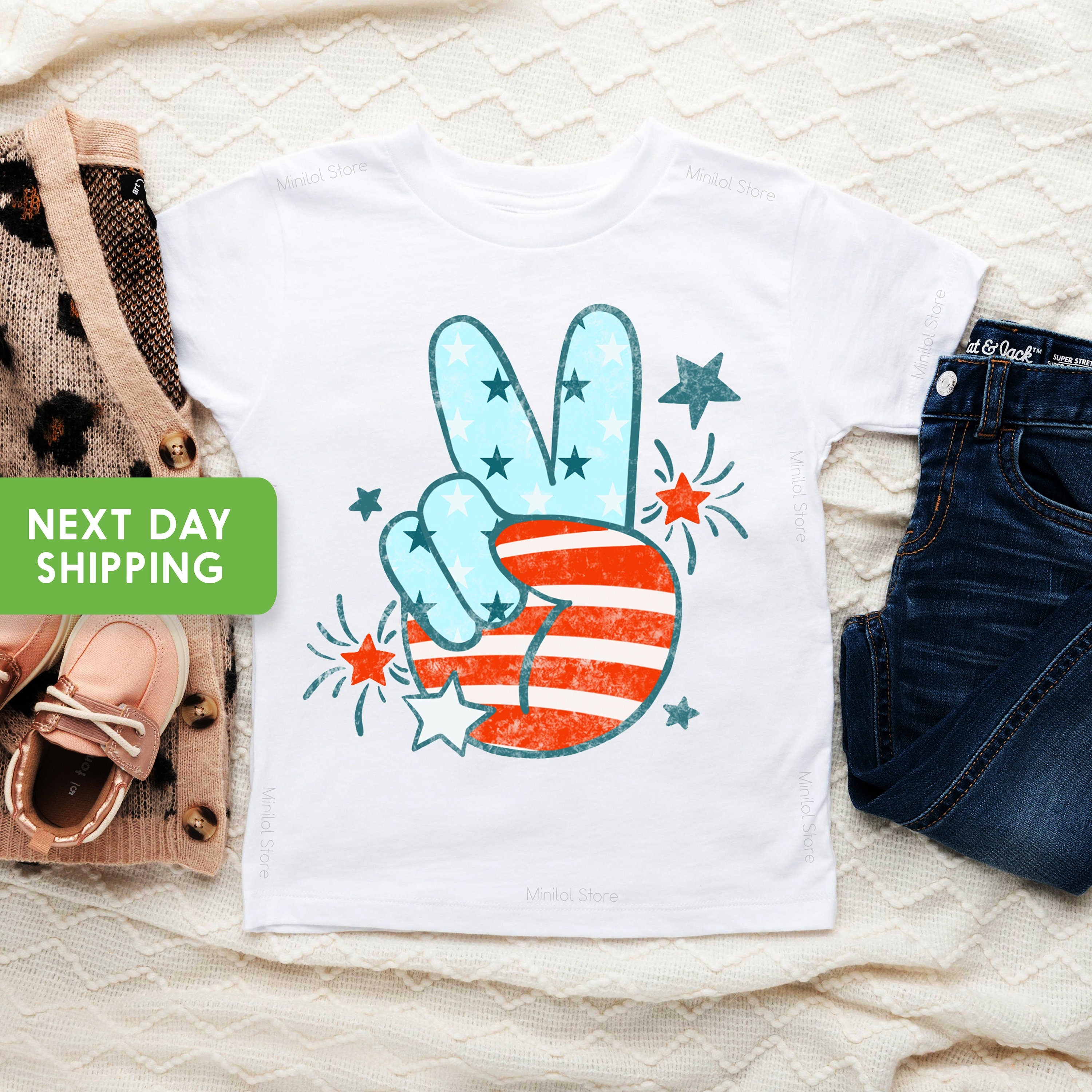 Toddler Independence Day Shirt, Peace Fingers 4th of July Memorial Day OnesieĀ®, Retro 4th of July Kids Shirt