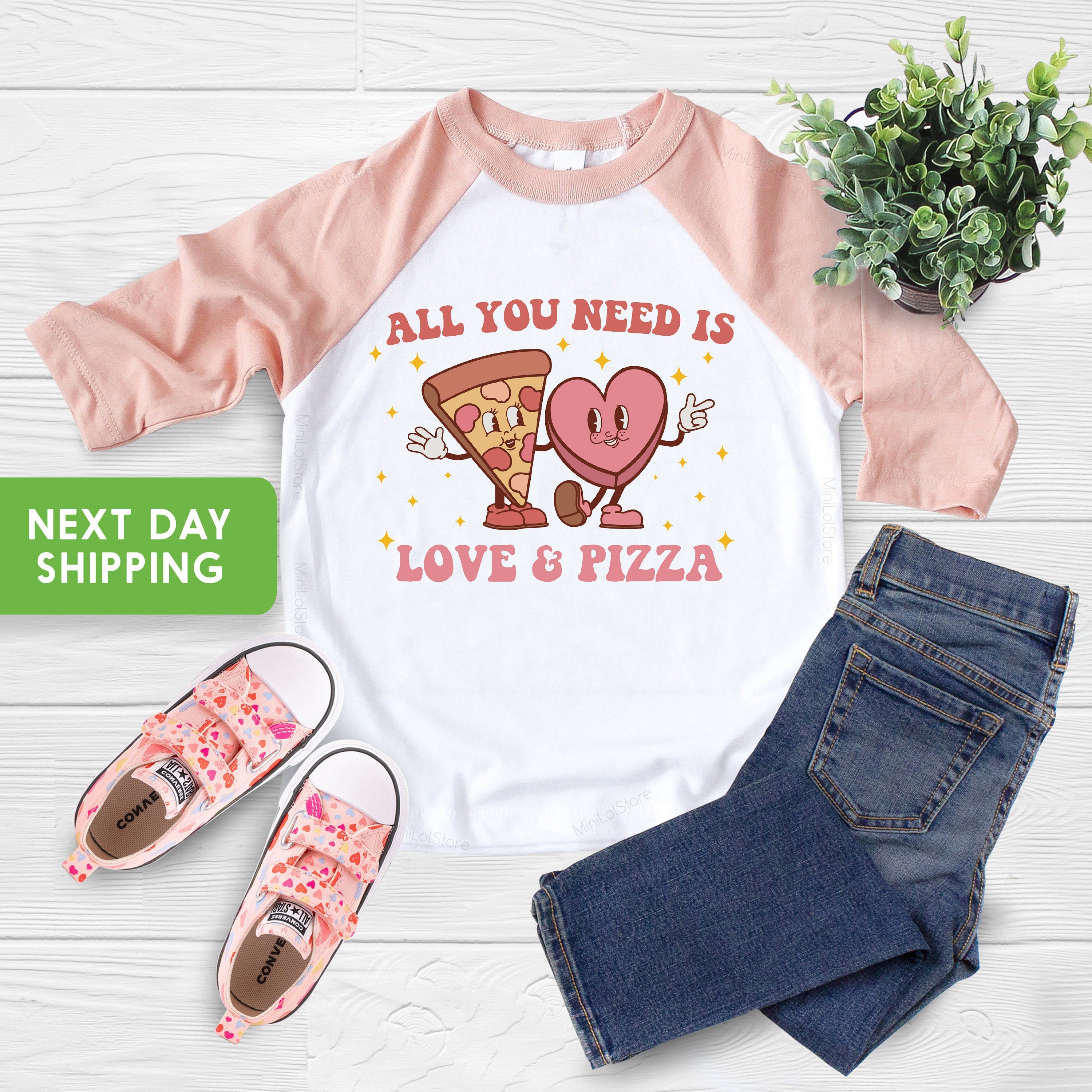 Kids Valentines Day Shirt, All You Need is Love and Pizza Kids Retro TShirt, Boho Valentine's Day Onesie®, Valentine's Day Toddler Shirt
