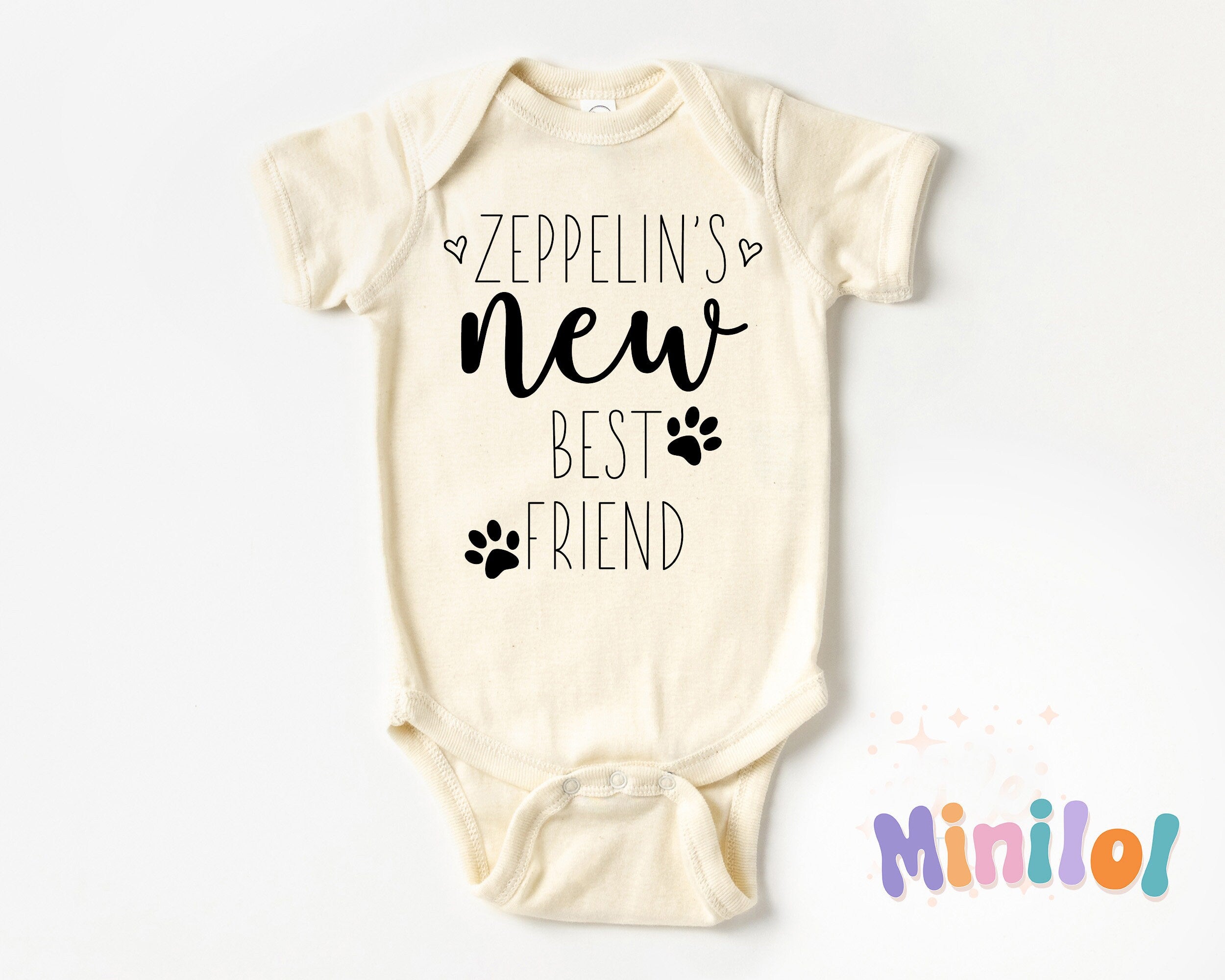 Personalized Dog Name Baby Onesie®, New Best Friend Baby Bodysuit, Custom Dog Name Baby Bodysuit, Natural Custom Dog Name Onesie®