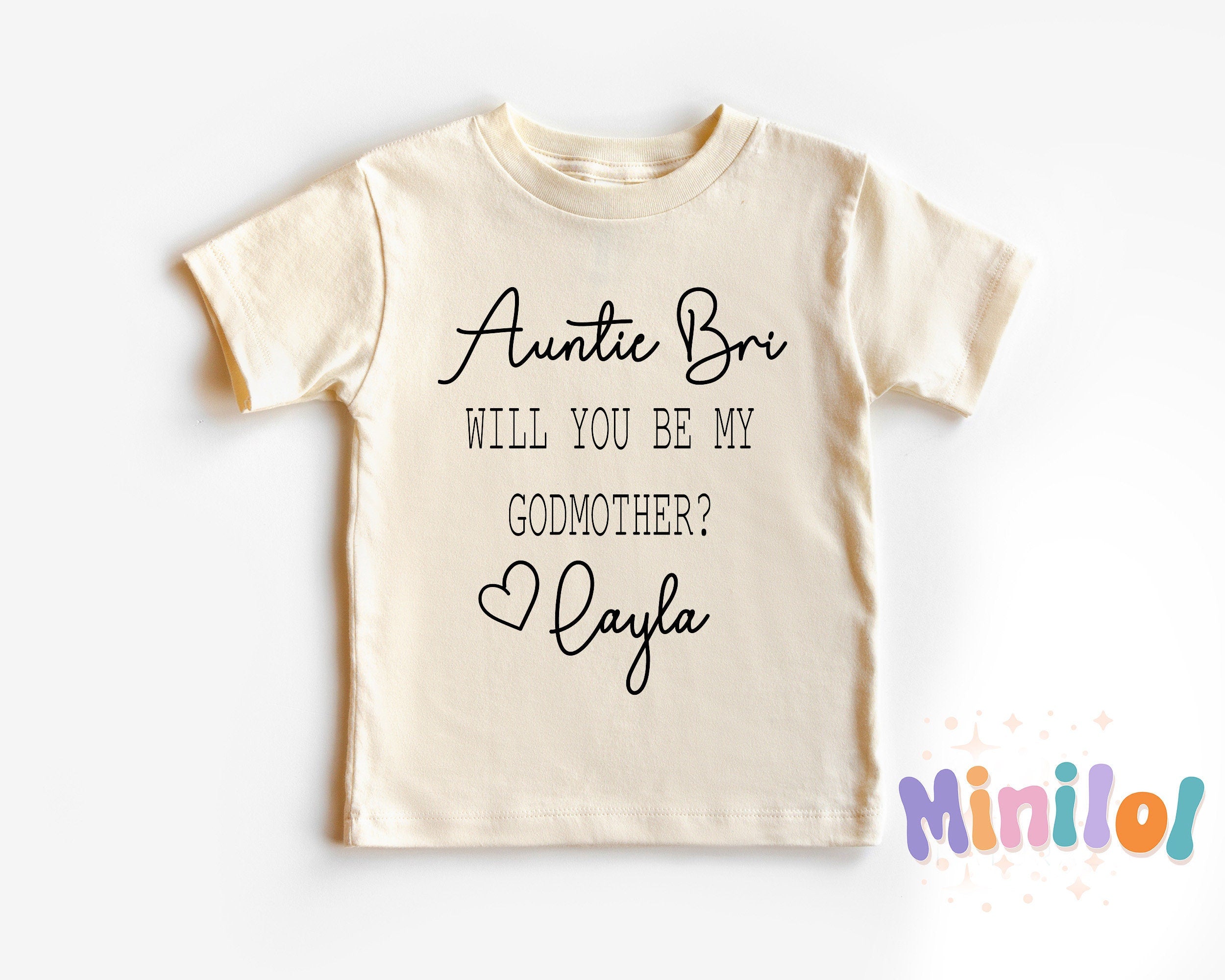 Personalized Natural Will You Be My Godmother typographic design on Baby Natural 3-6 months US kids numeric