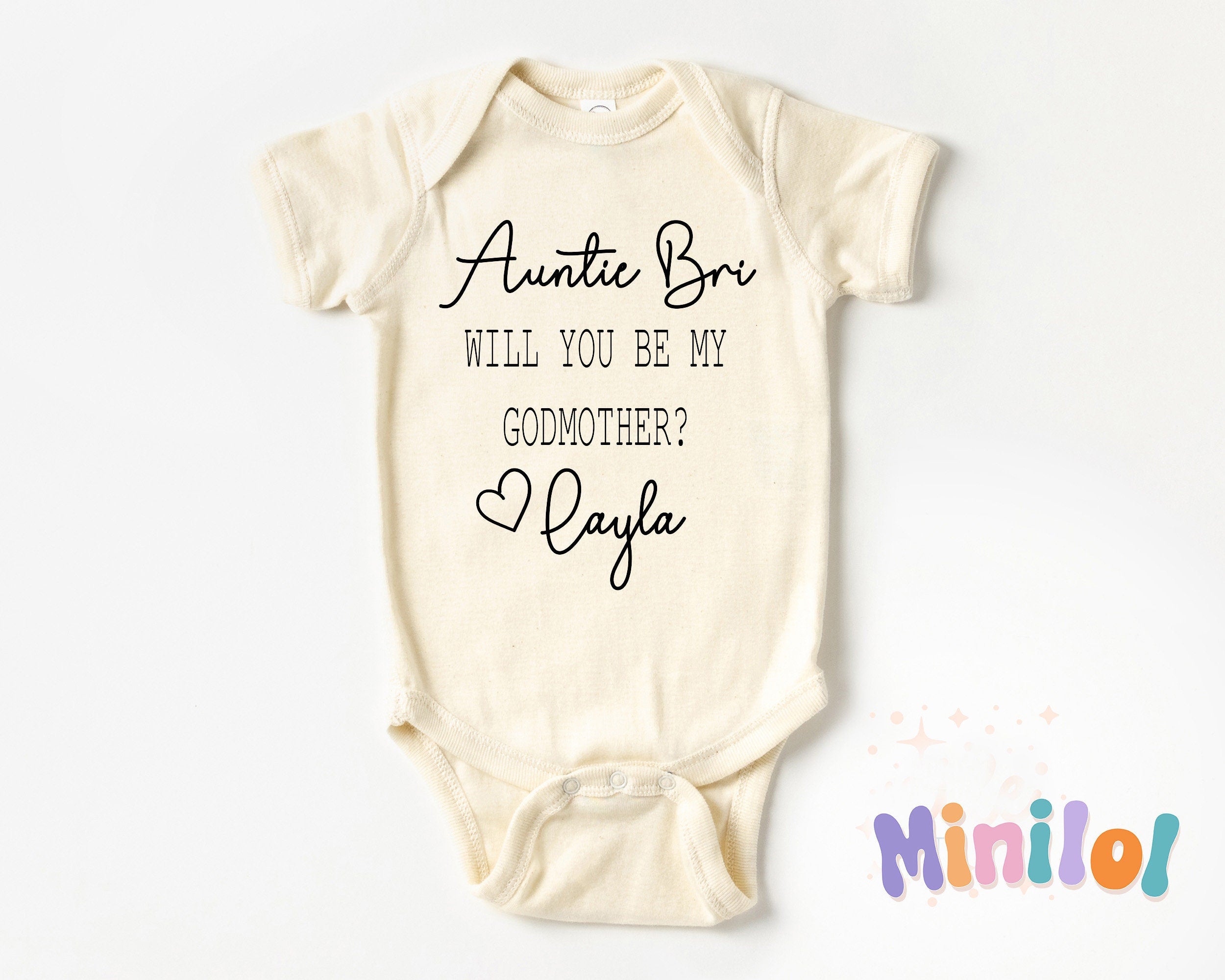 Personalized Natural Will You Be My Godmother typographic design on Baby Natural 0-3 months US kids numeric