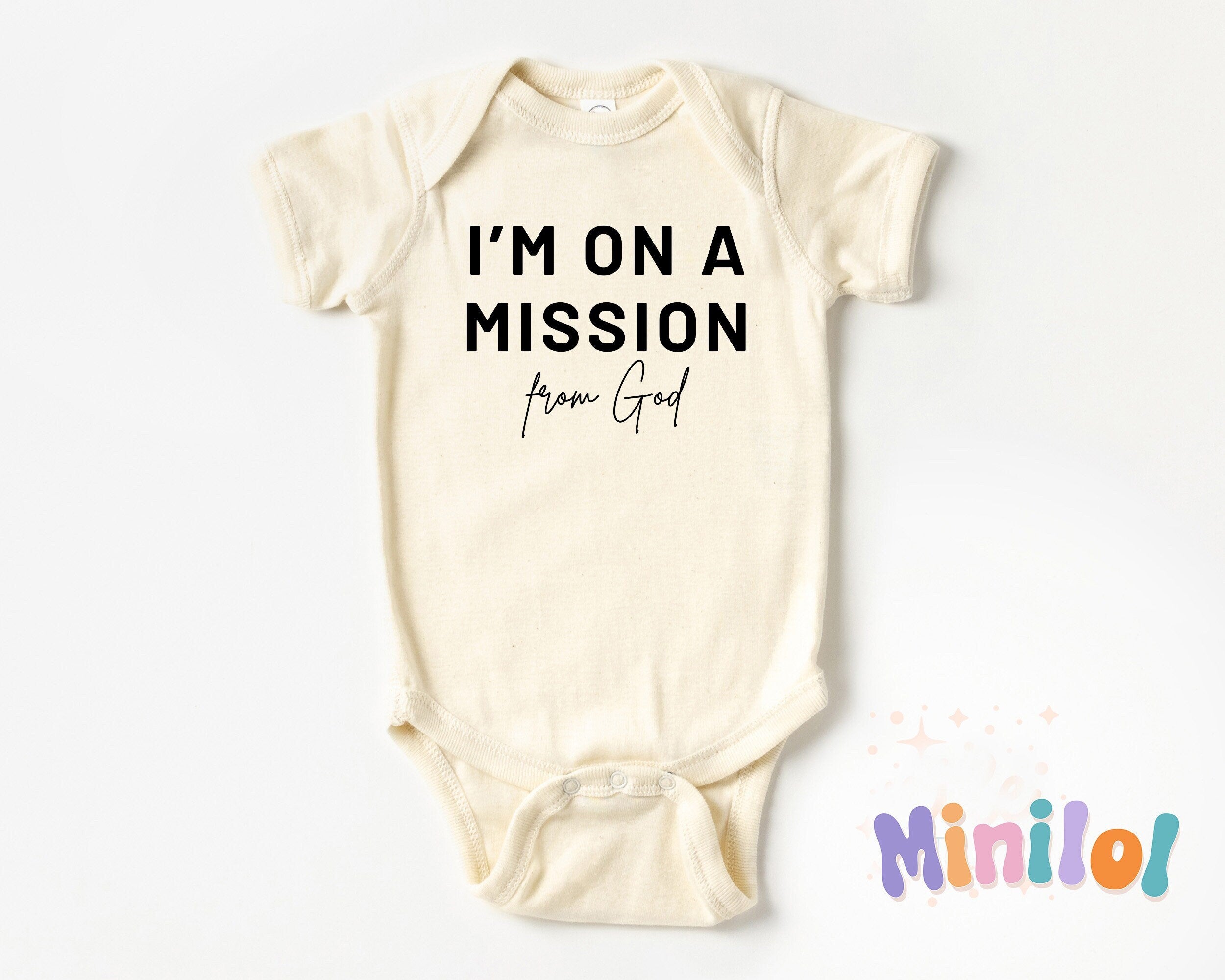 Funny Baptism OnesieĀ®, Natural I'm On A Mission From God OnesieĀ®, Baby Shower Gift, Baptism Gift, Natural Baptism OnesieĀ®, Gift for GodBaby
