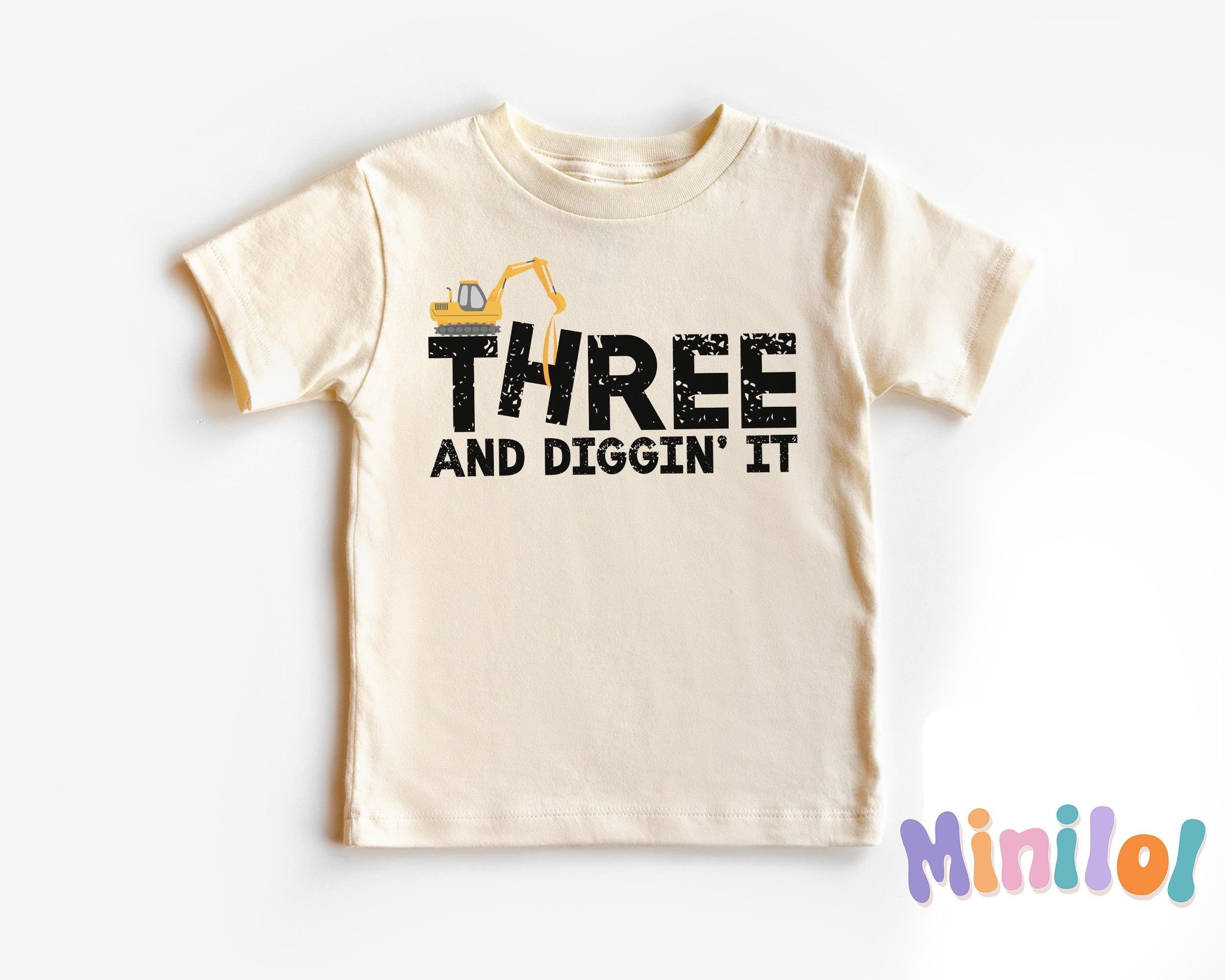 Three and Diggin' It OnesieĀ®, 3rd Birthday Shirt, Construction 3rd Birthday Tees, Truck Birthday, Excavator Birthday Shirt, Natural Bday Tee