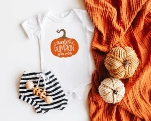 Close-up of the Sweetest Pumpkin fall apparel design