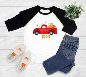 Available garment styles for Personalized Fall Red Truck Kids Shirt