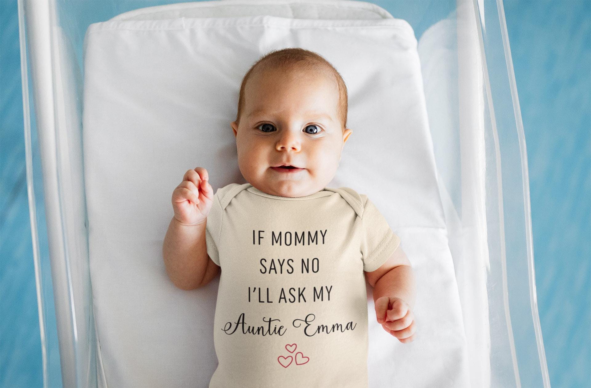 Close-up of the If Mommy Says No I'll Ask Auntie baby announcement design