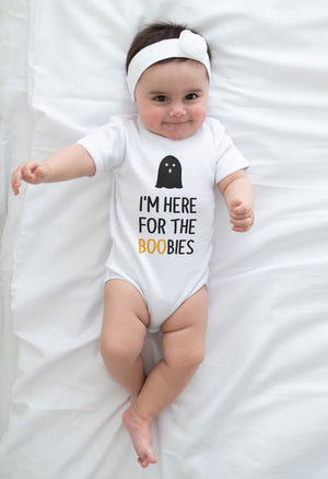 Baby bodysuit and kids shirt style options for Here for the Boo-bies