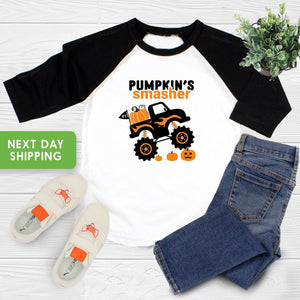 Close-up of the Pumpkin Smasher Monster Truck Halloween apparel design