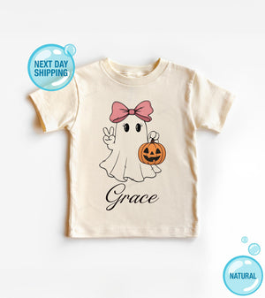Main product mockup of Personalized Ghost Name Halloween Kids Shirt