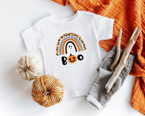 Close-up of the Boo Rainbow Halloween apparel design