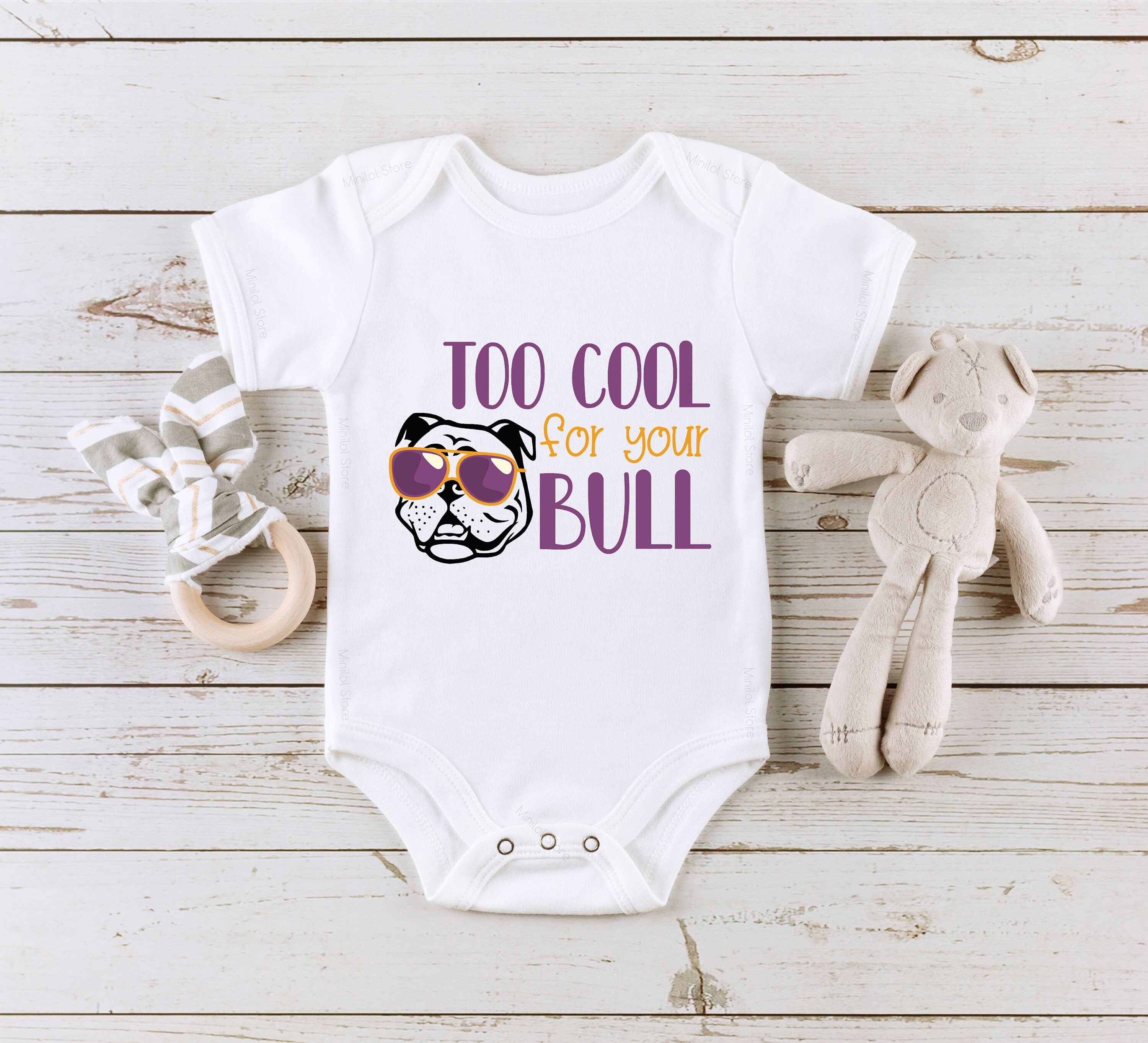 Bulldog Baby Onesie®, Cute Dog , Bulldog Bodysuit, Too Cool For Your Bull Baby Onesie®, Bulldog Baby Gift