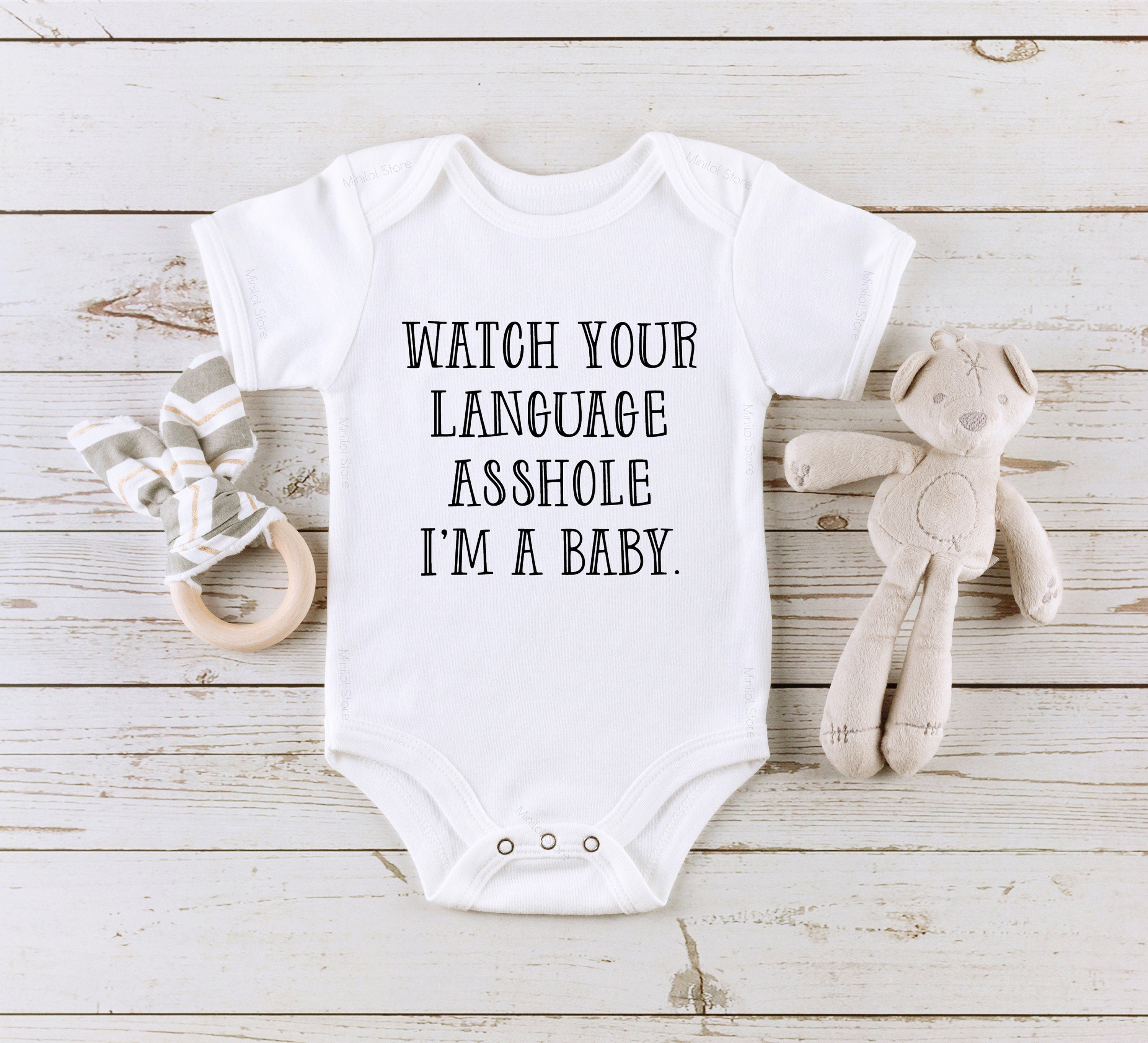 Funny Baby Onesie® Funny Watch Your Language Asshole Onesie® Cute Hipster Baby Onesie®